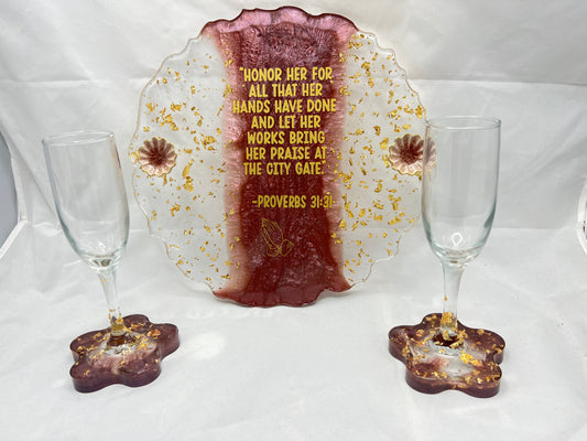 Gold Leaf Flower Shaped Tray & Glass Set