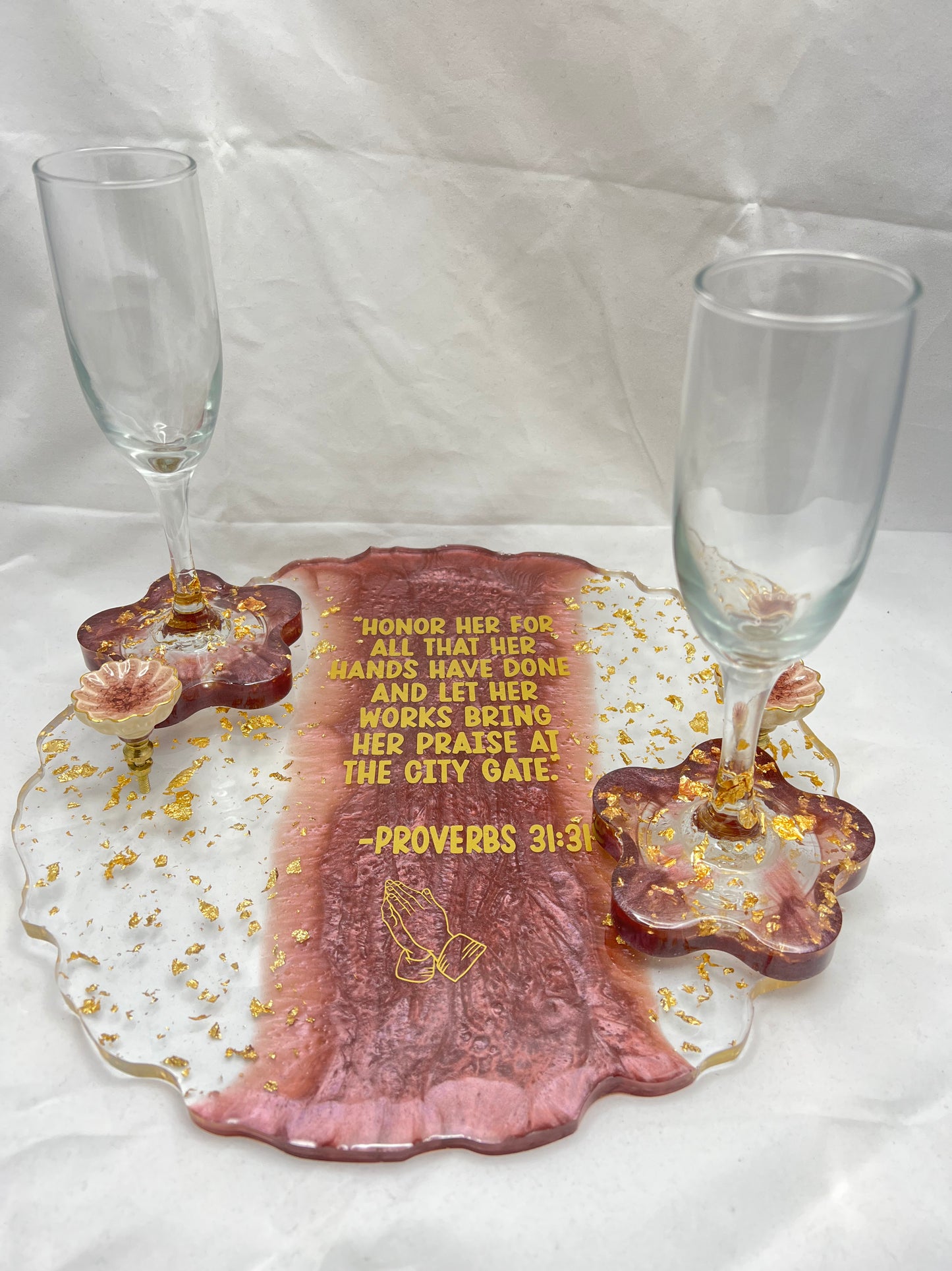 Gold Leaf Flower Shaped Tray & Glass Set